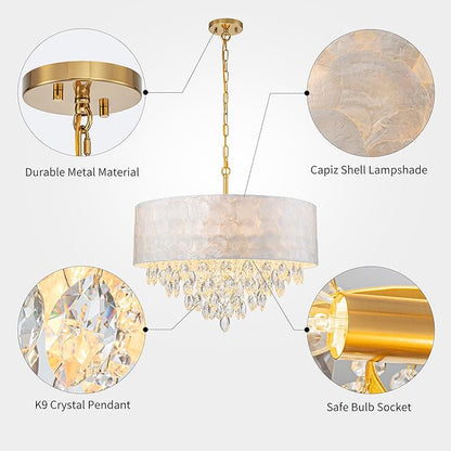 X-Large 6-Light Drum Capiz Shell K9 Crystal Chandelier, Coastal Style Pendant Light Fixture for Dining Room, Living Room, D24 * H24~70 Inch (Adjustable), Clear Crystal & Brass Finish