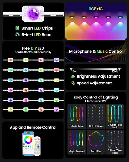 KISUFU 200FT RGB+IC Permanent Outdoor Lights, 24V Year-Round Roof & Eaves Lighting with 221 Modes, App & Remote Control, IP68 Waterproof, Smart Outside Lights for Halloween, Christmas, Holidays