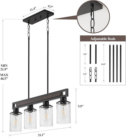Farmhouse Dining Room Light Fixture, 4-Light Wood Kitchen Island Lighting for Dining Room Over Table, Black Adjustable Pendant Light with Seeded Glass Shades, Linear Chandeliers Lighting for Kitchen