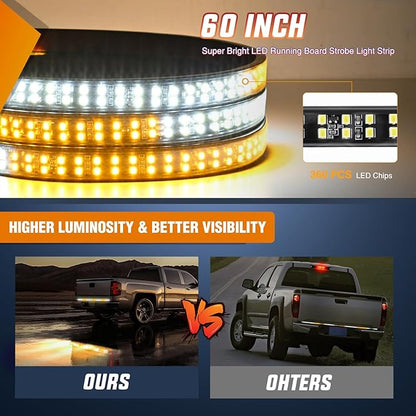 Nilight 60 Inch Truck Tailgate Strobe Light Strip Tail Emergency Bar Rear Window Warning Lamp Ultra-Bright Double Row 360 LED for Pickup Trailers Construction Vehicles Car SUV, Amber White
