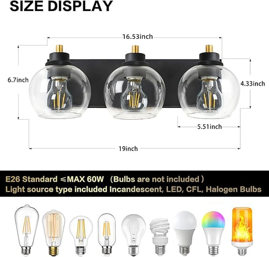 Tuscarora 3 Light Bathroom Vanity Light, Black and Gold Bathroom Light Fixtures Over Mirror, Modern Vanity Light with Clear Glass Shade, Black Wall Sconce for Mirror