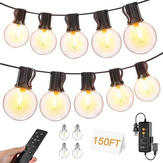 Outdoor String Lights 150FT with Remote Dimmer, G40 Globe LED Patio Lights with 75 Edison Plastic Bulbs(4 Spare), Waterproof Hanging Lights for Backyard Balcony Yard Deck Garden Party