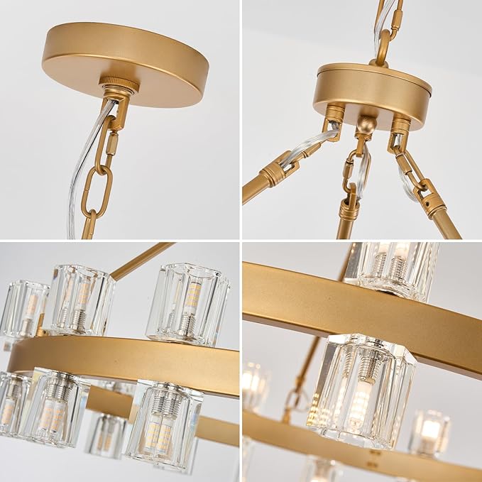 36 Inch Glod Wagon Wheel Chandelier with 36 Lights Crystal Shade, Modern Farmhouse Round High Ceilings Pendant Light Fixture for Living/Dining Room, Kitchen, Bedroom, Foyer