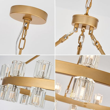 36 Inch Glod Wagon Wheel Chandelier with 36 Lights Crystal Shade, Modern Farmhouse Round High Ceilings Pendant Light Fixture for Living/Dining Room, Kitchen, Bedroom, Foyer