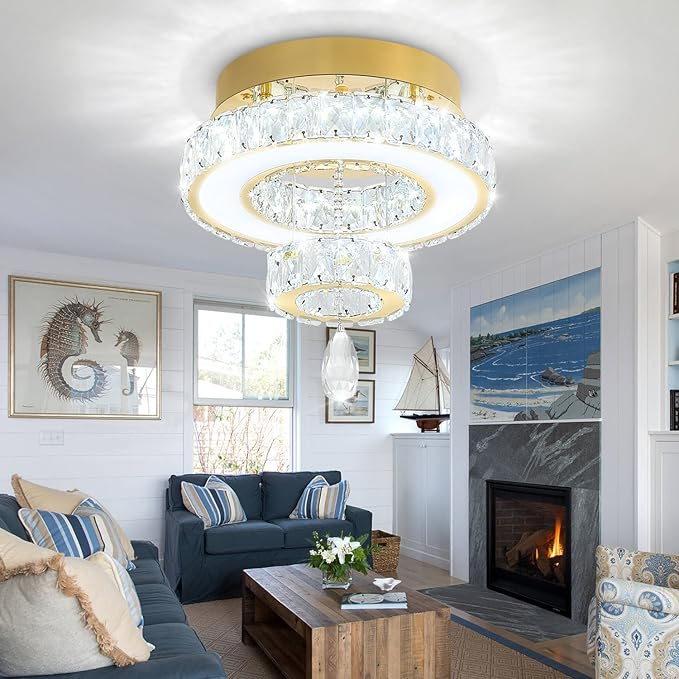 Flashing God 12" Modern Crystal Chandeliers Flush Mount Ceiling Light Gold Chandelier for Hallway LED Dimmable Light Fixture for Dining Room Living Room Bedroom