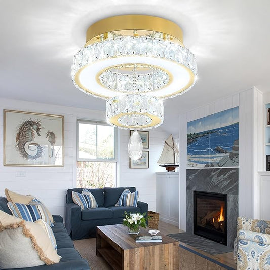 Flashing God 12" Modern Crystal Chandeliers Flush Mount Ceiling Light Gold Chandelier for Hallway LED Dimmable Light Fixture for Dining Room Living Room Bedroom