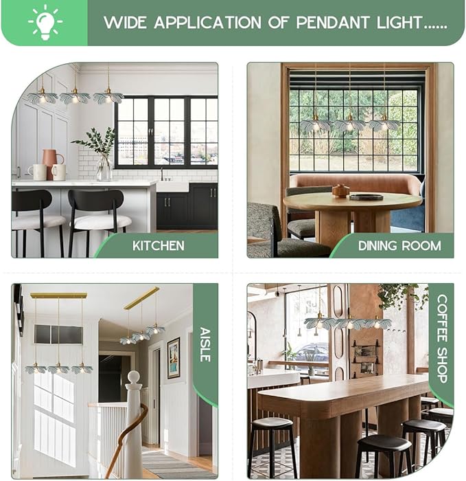 3-Light Flower Pendant Lamp Gold Dining Room Ceiling Pendant Light Fixtures with Dark Green Glass Leaf Shades, Cluster Pendant Light for Kitchen Bathroom Cafe Restaurant
