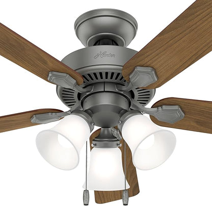 Hunter 44 inch Indoor Ceiling Fan with LED Lights - Ceiling Fan with Pull Chain, For Bedroom, Living Room, or Kitchen, Standard Mount, No Remote, 5 Blades - Swanson 50882, Matte Silver