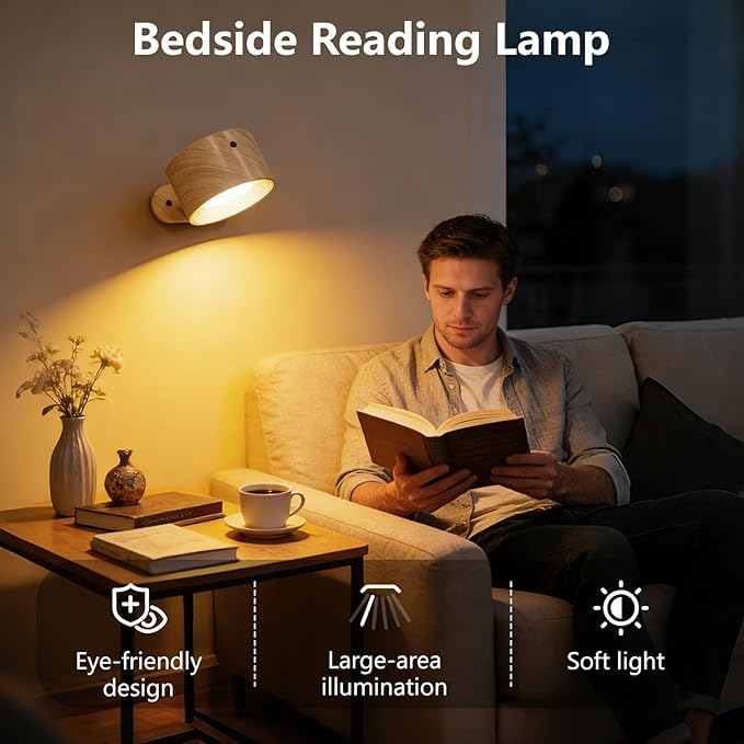 Kitloo LED Wall Sconces, Rechargeable Wall Mounted Lamps w/Remote, 360°Magnetic Rotating Wall Lights 3 Color Temps & Touch Control, Dimmable Cordless Lights for Study Bedside Bedroom Hallway 2 Pack