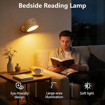 Kitloo LED Wall Sconces, Rechargeable Wall Mounted Lamps w/Remote, 360°Magnetic Rotating Wall Lights 3 Color Temps & Touch Control, Dimmable Cordless Lights for Study Bedside Bedroom Hallway 2 Pack