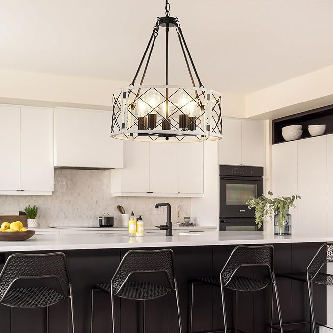 21'' Farmhouse Chandelier, 5-Light Black & Vintage White Dining Room Light Fixture Over Table, Rustic Industrial Drum Hanging Pendant Lights for Kitchen Island Living Room Bedroom Hallway Entryway