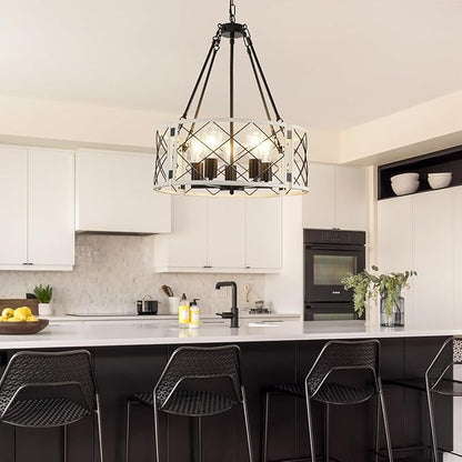 21'' Farmhouse Chandelier, 5-Light Black & Vintage White Dining Room Light Fixture Over Table, Rustic Industrial Drum Hanging Pendant Lights for Kitchen Island Living Room Bedroom Hallway Entryway