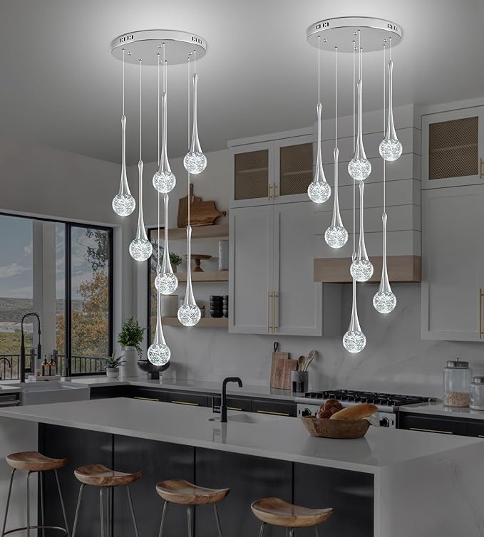 Modern Chrome Crystal Chandelier for Kitchen Island 7-Lights, Luxury Spiral Dimmable LED Bubble Raindrop Pendant Lighting Fixture for Dining Room Foyer Entryway Bedroom