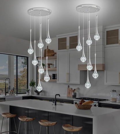 Modern Chrome Crystal Chandelier for Kitchen Island 7-Lights, Luxury Spiral Dimmable LED Bubble Raindrop Pendant Lighting Fixture for Dining Room Foyer Entryway Bedroom