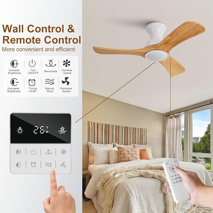 Flush Mount Ceiling Fans with Lights,36 inch,Remote Control,Wall Switch,Solid Wood Blades,Dimmable,Reversible Noiseless,Power Off Memory Modern Ceiling Fan for Bedroom Patio Indoor