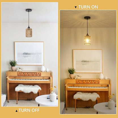 LAMSU 1-Light Rattan Pendant Lights, Boho Farmhouse Pendant Lighting with 4.7×5.9in Hand Woven Shade, Small Wicker Light Fixture Ceiling Hanging for Dining Room Kitchen, Height Adjustable up to 61in