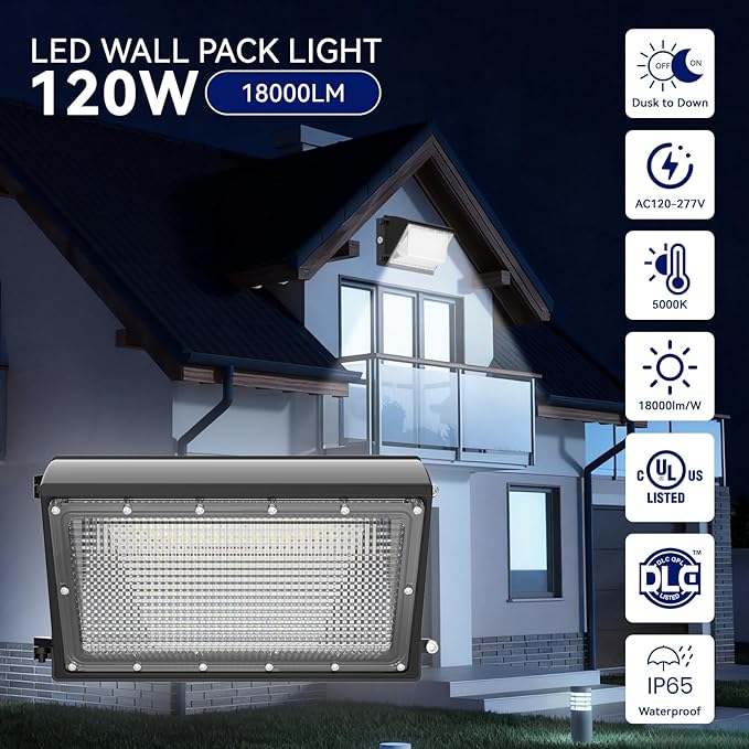 LED Wall Pack Light 120W, 18000LM 5000K Daylight, Outdoor Lighting with Dusk-to-Dawn Photocell, LED Wall Pack for Parking Lot, Warehouse, Yard, ETL Listed (120W - 2P)