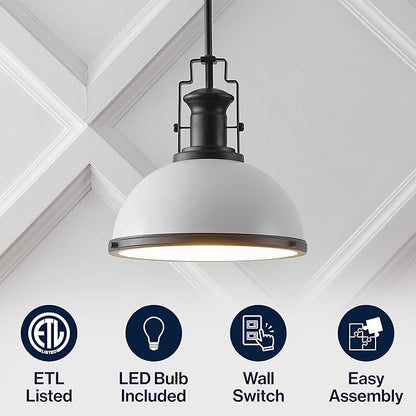 JONATHAN Y 13" Matte Black/White Modern Industrial Iron LED Dome Pendant Light, Adjustable Hanging Fixture for Kitchen Island or Entryway, White Metal Shade, LED Bulb Included (JYL9536E)