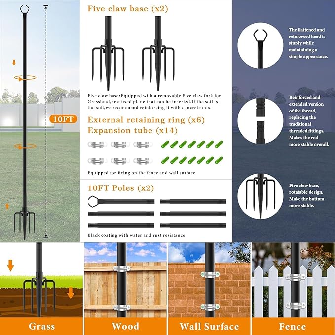 Mutovlin 10 Pack String Light Poles,10 Ft Light Poles for Outside String Lights,Outdoor Lights Pole with Fork,Metal Poles Stand for Patio Deck Backyard (10FT 10 Pack)