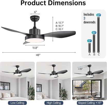 Sofucor 48 Inch Ceiling Fan with Lights Flush Mount Modern Outdoor Ceiling Fans with Remote,3 CCT Dimmable Quiet DC Motor & Timer for Patio/Bedroom/Farmhouse/Indoor (Black, 48 Inch/Smart Control)