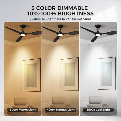 Roomratv Ceiling Fans with Lights and Remote Control,Quiet Noiseless Reversible DC Motor,6 Speeds,Timers, 3 CCT, Indoor Use, Plastic Blades,52 Inch Black Ceiling Fan Smart APP Control for Living Room