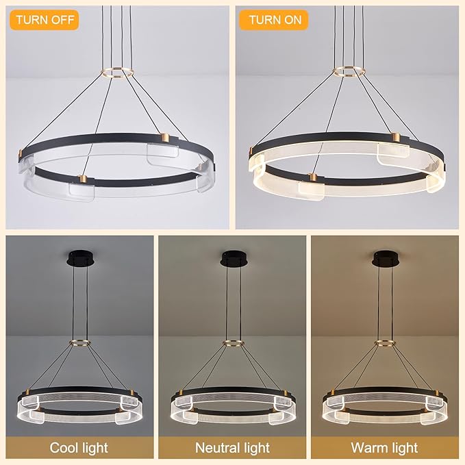 Benkut Modern LED Pendant Light Dimmable Black LED Chandelier for Dining Room Pendant Light Fixture Over Table Modern Chandelier Kitchen Island Living Room Entryway, 24 inch 3000K-6500K