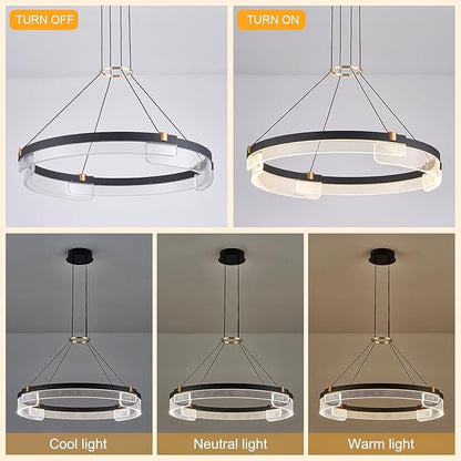 Benkut Modern LED Pendant Light Dimmable Black LED Chandelier for Dining Room Pendant Light Fixture Over Table Modern Chandelier Kitchen Island Living Room Entryway, 24 inch 3000K-6500K
