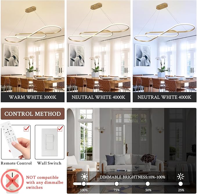 Modern LED Chandelier Gold Dimmable LED Pendant Light for Dining Room Light Fixture Over Table Modern Kitchen Island Lighting High Ceiling with Remote for Living Room(56 Inch, 3000K-6500K)