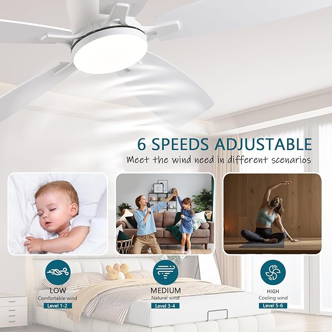 Ayaoty Ceiling Fans with Lights, 52 inch Low Profile Ceiling Fan with Light and Remote Control, Flush Mount, Reversible Motor, Dimmable, Noiseless, White Ceiling Fan for Bedroom, Indoor/Outdoor Use