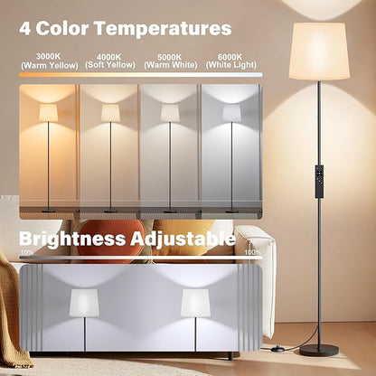 SIBRILLE Floor Lamp with White Shade, 62" Dimmable LED Standing Lamp with Remote, 9W E26 Bulb Included, 3000-6000K, Modern Floor Reading Light for Bedroom Living Room Office Corner, Black Pole