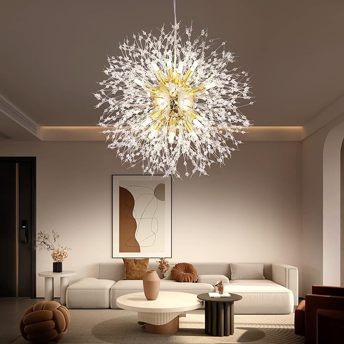 Yiisem Modern Gold Crystal Chandeliers, 16-Light Dandelion Firework Pendant Lighting, Hanging Chandelier Light Fixtures for Dining Room Bedroom Living Room Kitchen Island
