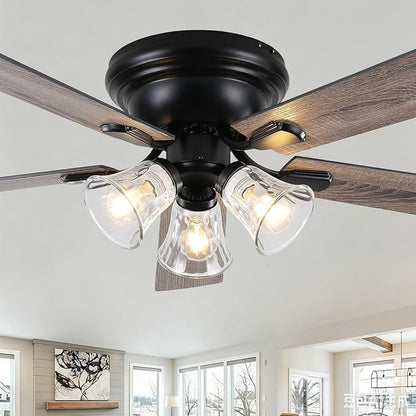60" Vintage Ceiling Fan with Lights and Remote, Flush Mount Farmhouse Ceiling Fan 3-Lights Rustic Chandelier for Living Room Bedroom, Reversible Quiet DC Motor 6 Speeds