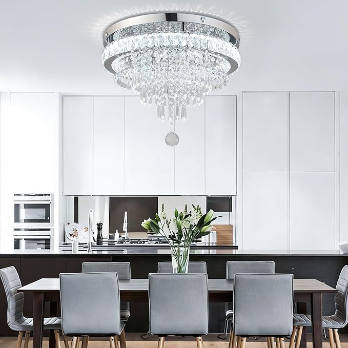 FRIXCHUR 19.7" Crystal Chandelier Crystal Ceiling Light Modern LED Flush Mount Chandeliers Light Fixture for Bedrooms Living Dining Room 2700K/4000K/6500K Changeable Color