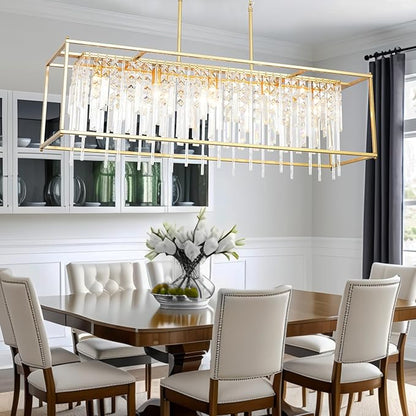 Modern Crystal Chandelier, Gold Rectangular Crystal Chandelier for Dining Room, 40" Top K9 Luxury Rectangle Farmhouse Light Fixture for Living Room, Kitchen Island L40xW12xH11