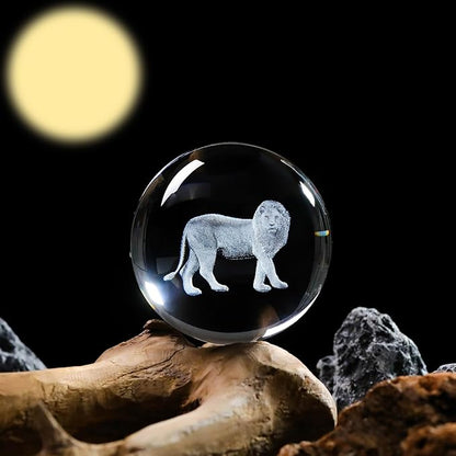 Crystal 3D Lion 3.15in Ball Figurine Gifts for Him Husband, Collectible Glass Animal Art Sphere for Room with LED Light Base, Keepsake for Lion Lovers Home Decor Paperweight