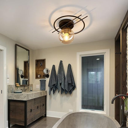Matte black & gold finish Semi Flush Mount Ceiling Light Fixture Mid Century Modern Chandelier with Glass Globe Small Indoor Lighting for Kitchen Hallway Bathroom Bedroom Closet Farmhouse Proch.