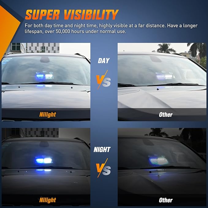 Nilight Blue and White Emergency Strobe Lights Windshield Hazard Warning Safety Flash Light with Suction Cups Super Bright LED for Police Enforcement Firefighters Vehicle Truck