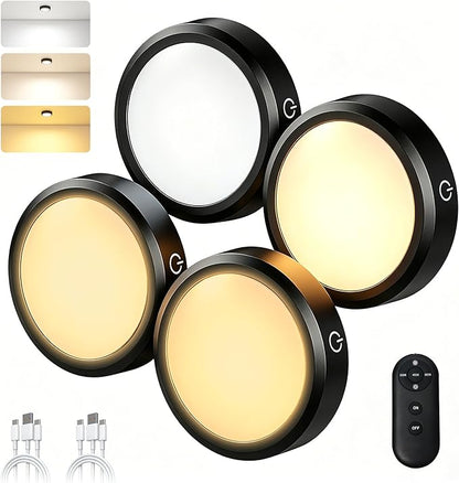 Puck Lights with Remote Control Rechargeable, Full-Screen Wireless LED Under Cabinet Lighting with Light Guide Plate,3 Color Dimmable Stick On Tap Lights for Kitchen,Counter,Closet,Shelf, 4PCS,Black