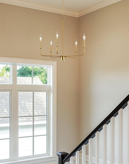 Kira Home Camille 22" Modern 5-Light Gold Chandelier, Minimalist Candle-Style Gold Hanging Fixture, Warm Brass Finish