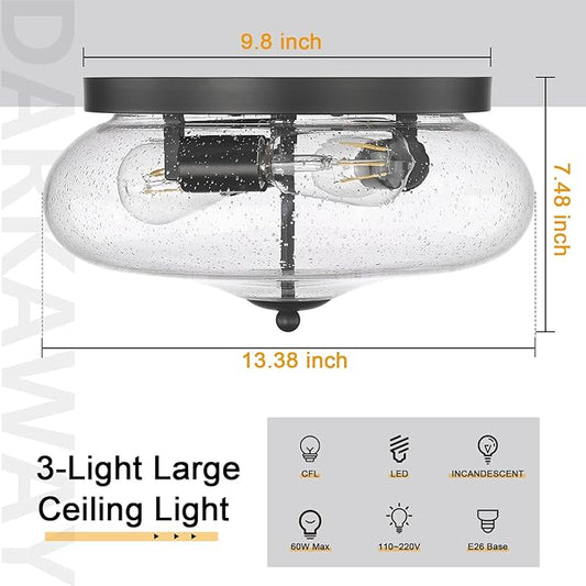 Darkaway Large Ceiling Light Fixtures 3-Ight Flush Mount Indoor Outdoor Ceiling Light with Seeded Glass Shade for Hallway Kitchen Bedroom Porch Living Room Dining Room Black Finish