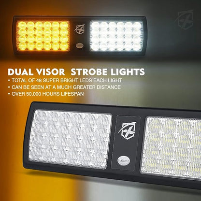 Xprite White/Amber 2-in-1 Visor Strobe Lights Interior Windshield Emergency Warning Lights for Police Firefighter Construction Vehicles Trucks