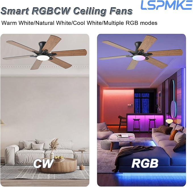 52 Inch Ceiling Fans with Lights, Low Profile Ceiling Fan with Light and Remote, Quite DC Motor,Flush Mount, 3CCT, Dimmable, Brown RGB Ceiling Fan for Bedroom, Living Room, Indoor/Outdoor Use
