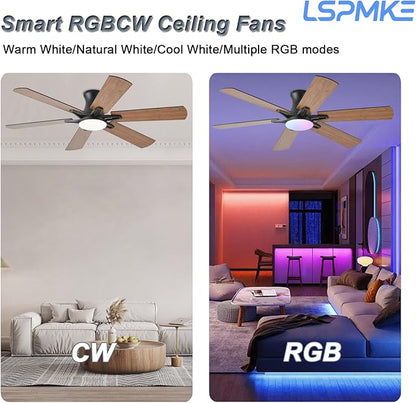 52 Inch Ceiling Fans with Lights, Low Profile Ceiling Fan with Light and Remote, Quite DC Motor,Flush Mount, 3CCT, Dimmable, Brown RGB Ceiling Fan for Bedroom, Living Room, Indoor/Outdoor Use