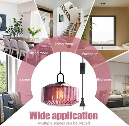 Hanging Pendant Light Plug in Vintage Plug in Hanging Light Fixture with 14.7 ft Cord Purple Striped Glass Shade Pendant Light Plug in Glass for Dining Room Farmhouse Kitchen Island