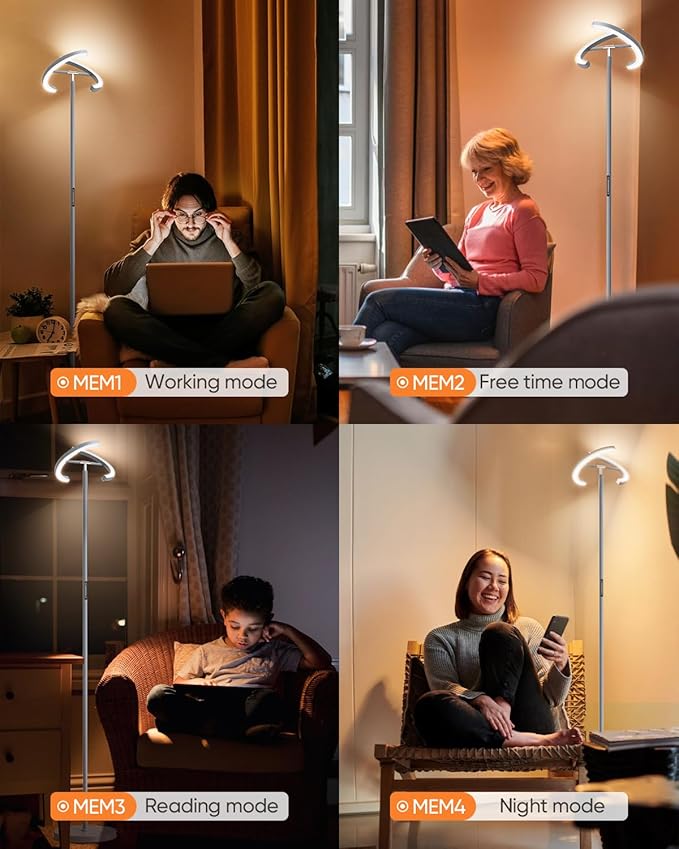 SIBRILLE Silver Floor Lamps for Living Room, Stepless Dimmable Standing Lamp with Touch Remote Control, 22W Rotatable LED Floor Light Tall Uplighter for Bedroom Office, 69'' Modern Room Light