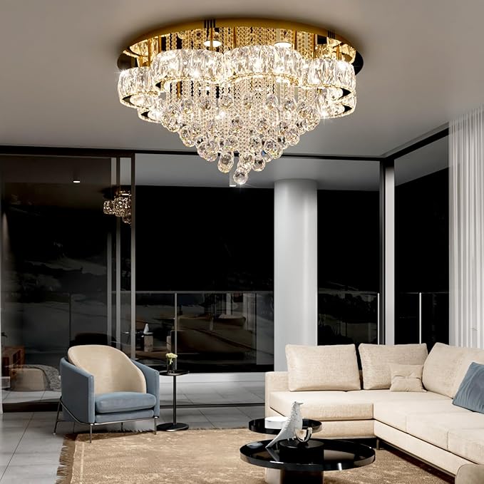 W32in Crystal Ceiling Chandelier Modern Gold Chandeliers Raindrop Crystal Ceiling Lighting Fixture Flush Mount Chandelier for Living Room Hallway Dining Room Kitchen Bedroom