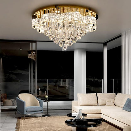 W32in Crystal Ceiling Chandelier Modern Gold Chandeliers Raindrop Crystal Ceiling Lighting Fixture Flush Mount Chandelier for Living Room Hallway Dining Room Kitchen Bedroom