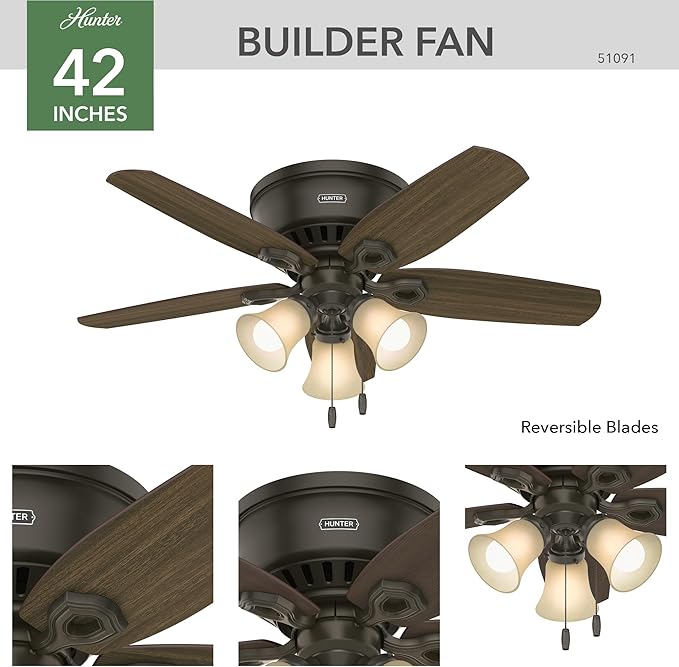 Hunter 42 inch Indoor Ceiling Fan with LED Lights - Bronze Ceiling Fan with Pull Chain, For Bedroom, Living Room, or Kitchen, Low Profile Flush Mount, No Remote, 5 Blades - Builder 51091, New Bronze
