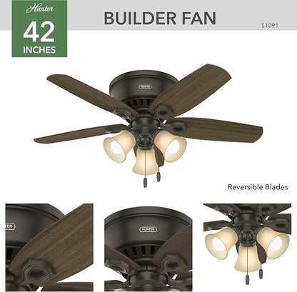 Hunter 42 inch Indoor Ceiling Fan with LED Lights - Bronze Ceiling Fan with Pull Chain, For Bedroom, Living Room, or Kitchen, Low Profile Flush Mount, No Remote, 5 Blades - Builder 51091, New Bronze