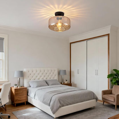 Glass Semi Flush Mount Ceiling Light, Modern Close to Ceiling Light Fixtures with Amber Glass Shade, 11" Round Light Fixtures Ceiling Mount for Bathroom Dining Room Bedroom Living Room Hallway, E26